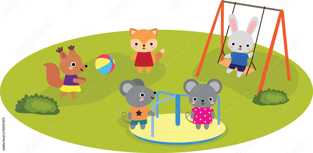 Cute animals are playing on the playground. Hand drawn vector illustration in flat style Cute animals are playing on the playground. Hand drawn vector illustration in flat style