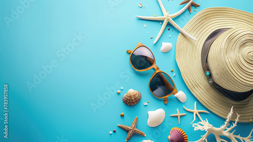 Beach accessories on a blue background