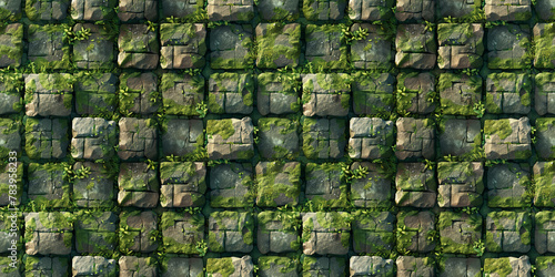 Seamless rock pattern, tileable stone path with grass and moss texture, great for video game design