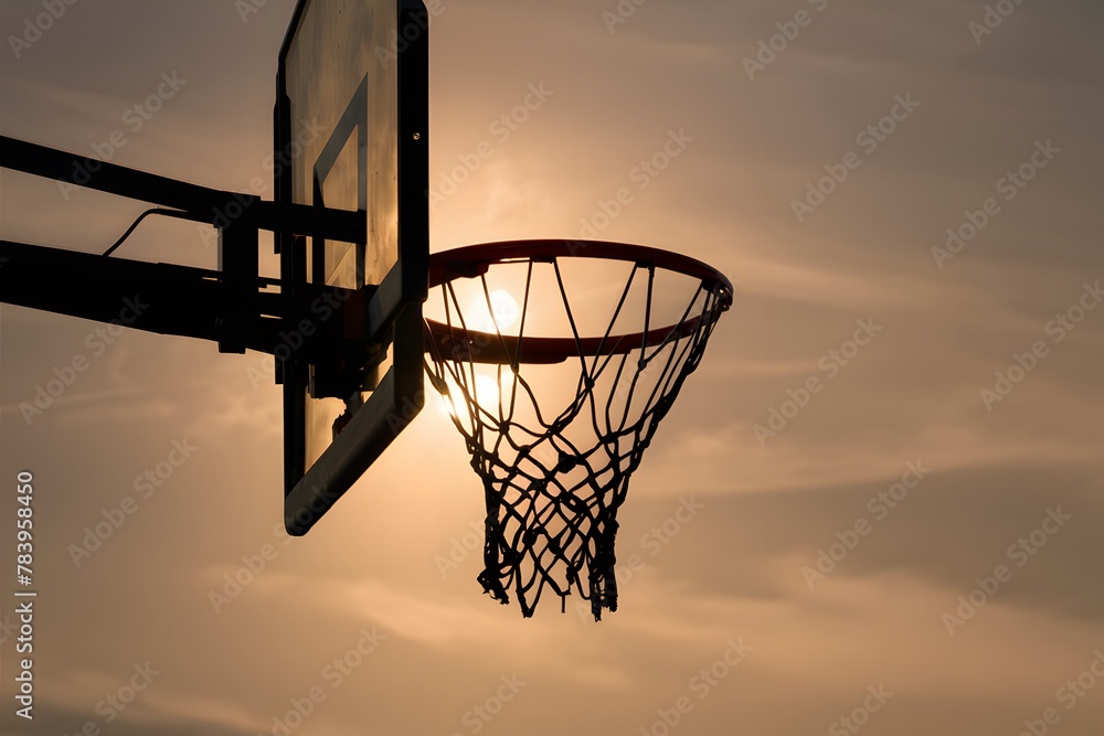 Image Basketball hoop with net silhouetted by warm light, copy space