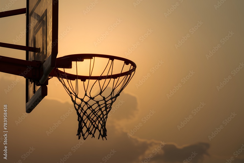 Image Basketball hoop with net silhouetted by warm light, copy space