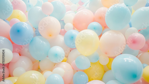 Colorful pastel balloons fill the scene, evoking celebration and joy in a whimsical atmosphere. Perfect for festive events or creative installations.