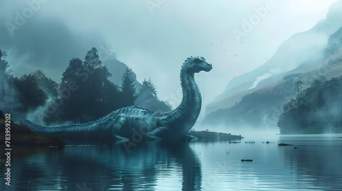 Cartoon Loch Ness monster swimming on a lake. photo