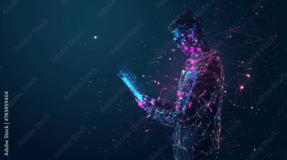 Naklejka premium Abstract digital businessman with tablet uses chatbot app. Concept of Artificial Intelligence and technology innovation in the modern business world. Futuristic low poly wireframe