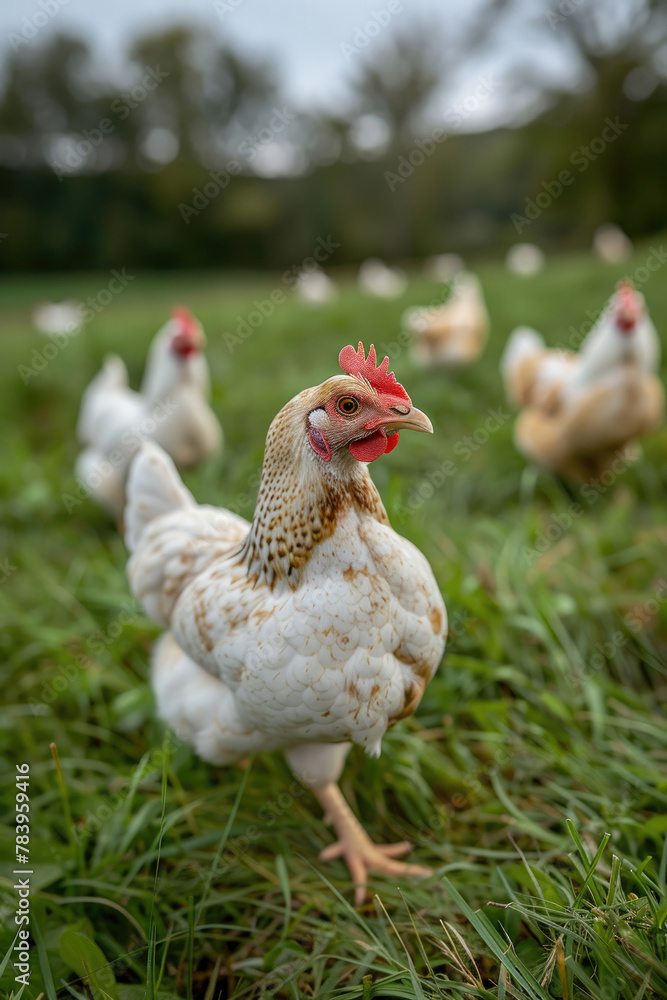 Free-range chicken on an organic farm freely grazing Free-range chicken on an organic farm freely grazing