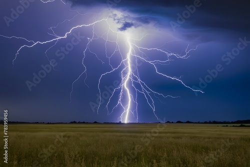 Lightning bolt strikes through sky over open field, dramatic energy