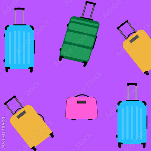 Pattern of colors icon wheeled travel bag with hand. Plastic travel suitcase isolated on color background.