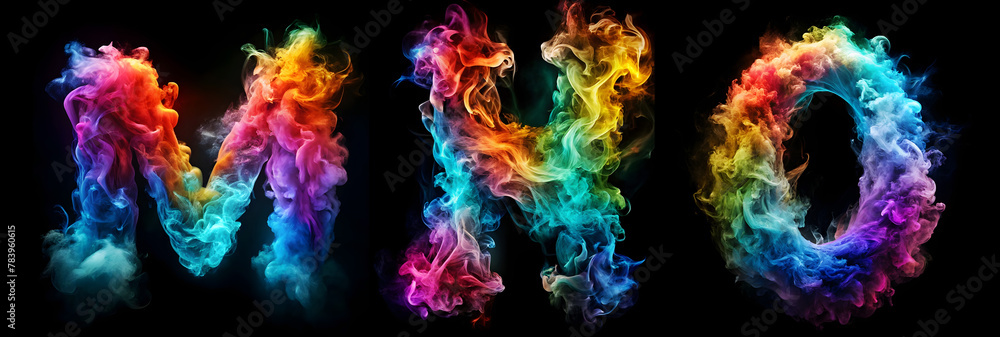 Letters M, N, O. Vibrant Smoke Alphabet on a Black Background - A realistic display of colorful smoke forming the alphabet, a captivating blend of artistry and creativity