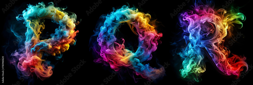 Naklejka premium Letters P, Q, R. Vibrant Smoke Alphabet on a Black Background - A realistic display of colorful smoke forming the alphabet, a captivating blend of artistry and creativity