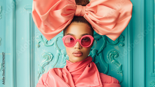 
Stylish woman with bold fashion sense, sporting large circular pink sunglasses and an updo adorned with a matching pink bow.