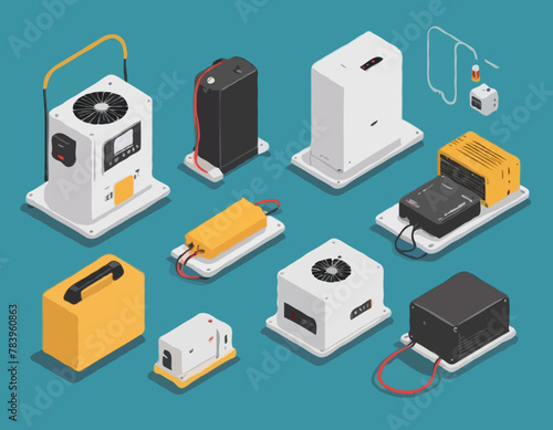 Generator electric power supply portable collection set isometric illustration 