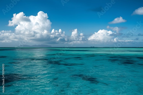 Ocean view with blue water surface, sunny and cloudy sky