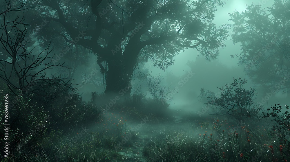 Drift through the silent depths of a mist-shrouded forest, where ancient trees loom like silent sentinels and eerie whispers fill the air with a sense of otherworldly mystery.