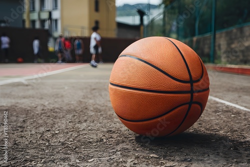 Orange basketball on urban outdoor court, close up street game