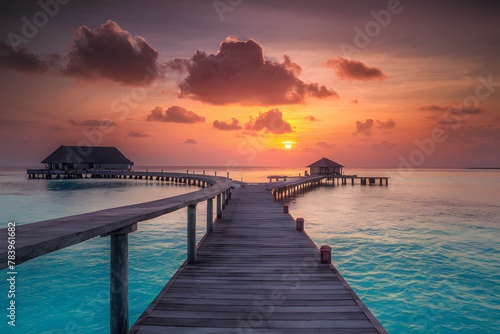 Panorama of Maldives beach at sunset, tranquil vacation concept