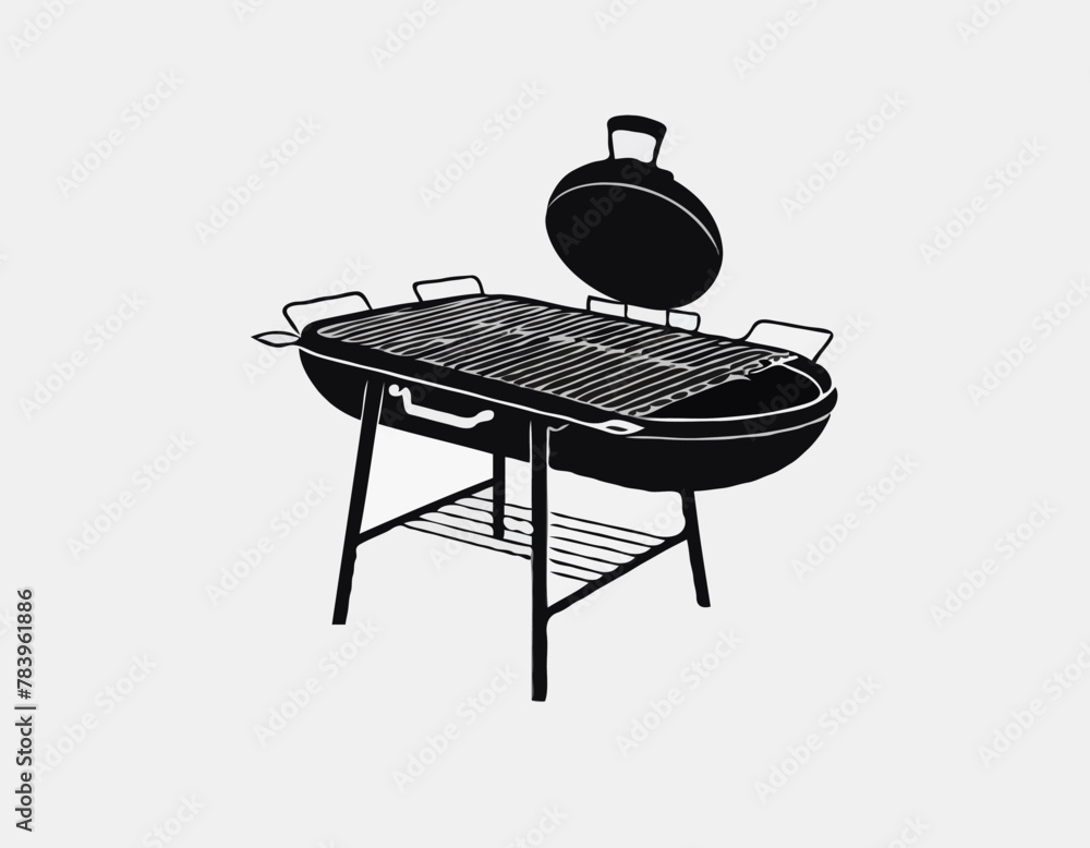 Cartoon barbecue grill. Bbq picnic party device with cooking rack, BBQ charcoal cookout equipment flat vector illustration on white background Cartoon barbecue grill. Bbq picnic party device with cooking rack, BBQ charcoal cookout equipment flat vector illustration on white background