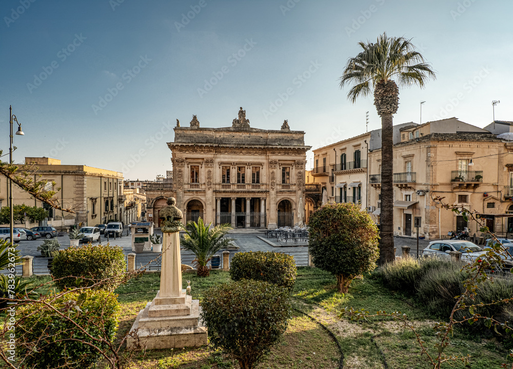 Piazza 16 Maggio in the baroque city of Noto with the Tina di Lorenzo theatre; province of Syracuse, Sicily, Italy