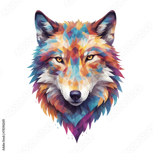 Multicolored face of a wolf isolated on transparent background, PNG, birthday card design, t-shirt design, 8k