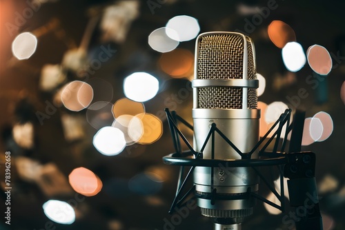 Professional microphone against bokeh background  capturing audio ambiance