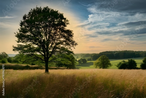 Scenic rural landscape with trees, meadows, and bright sky