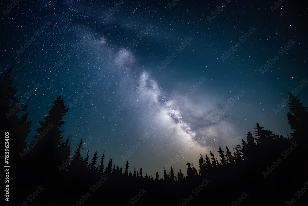 Starry night sky mesmerizes above forest silhouette