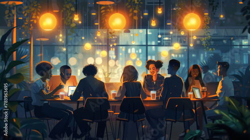 An animated night scene with diverse friends gathering at a warmly lit outdoor cafe, discussing some business ideas.