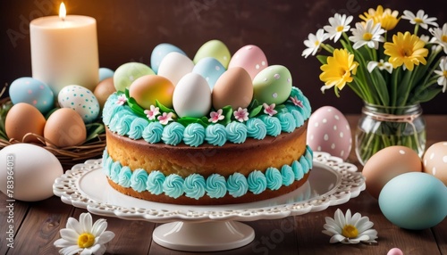 A freshly baked Easter cake topped with pastel icing and decorative eggs, accompanied by daisies and a candle.. AI Generation