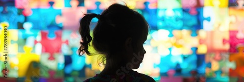 horizontal banner, Autistic Pride Day, World Autism Awareness, silhouette of a little girl on the background of a multi-colored puzzle wall, back view, rainbow background of puzzle details