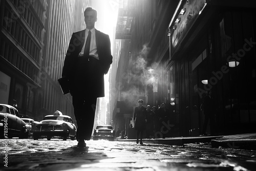 Silhouetted businessman walking on busy city street in vintage noir style. Atmospheric urban scene with steam rising from ground. Retro black and white image evoking nostalgia and mystery spying agent photo