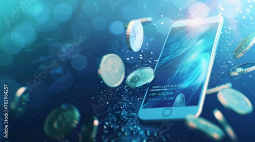 Abstract modern phone, credit bank card, and falling coins on a mobile screen. Save money and cashback concept. Light blue polygonal vector illustration. Cash back metaphor on technology background