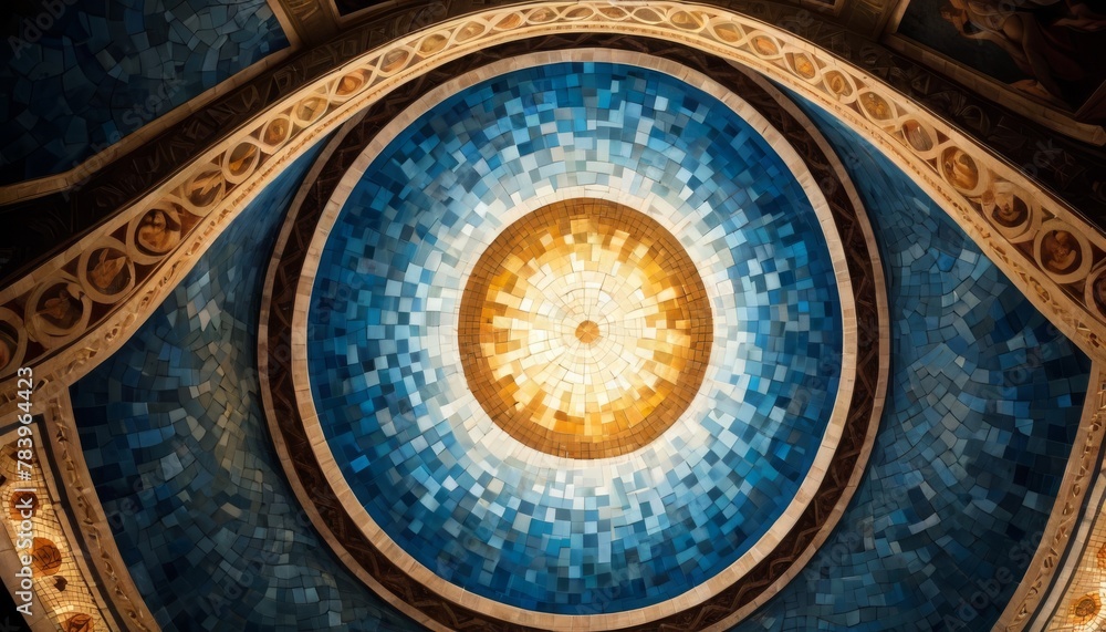 The exquisite dome ceiling adorned with a mosaic of blues and golds, creating a radiant central sun design, crowning the architecture.. AI Generation