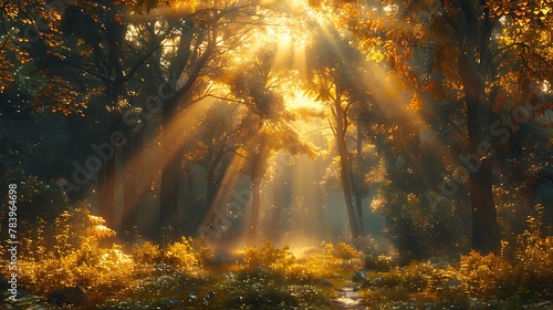 Explore the mystique of an ancient forest bathed in the golden hues of dawn, where sunlight filters through lush foliage, illuminating a serene clearing. 