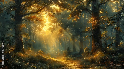 Explore the mystique of an ancient forest bathed in the golden hues of dawn  where sunlight filters through lush foliage