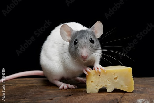 view White tame rat or mouse poses with cheese, copy space