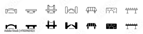 Bridge icons, viaduct arches over river bridges, vector symbols. Construction outlines of the suspension bridge Bridge vector icons. Bridge in black and linear style