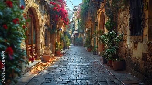 Explore the narrow streets of an ancient city  where weathered stone buildings lean precariously over cobblestone lanes and the air is filled with the scent of spices and incense