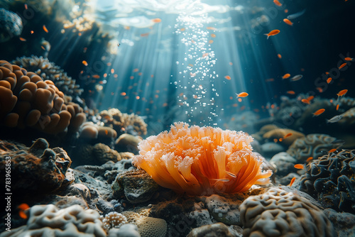 A coral restoration project underway to rehabilitate damaged reef ecosystems.Underwater scene with stony coral, sea anemone, and fish in fluid environment photo