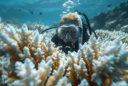 A coral restoration project underway to rehabilitate damaged reef ecosystems. Scuba diver exploring vibrant coral reef in underwater natural environment photo