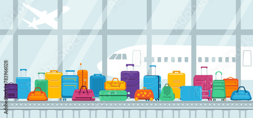 Airport conveyor belt with passenger luggage bag in flat style.