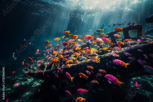 A school of vibrant tropical fish swimming around a sunken shipwreck. Vibrant fish swim around shipwreck in underwater marine event © ivlianna