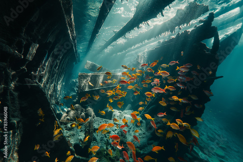A school of vibrant tropical fish swimming around a sunken shipwreck. a group of fish are swimming around a shipwreck in the ocean © ivlianna
