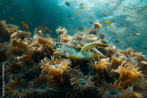 A sea turtle swimming gracefully among swaying sea anemones. A sea turtle navigates through a coral reef filled with sea anemones underwater © ivlianna