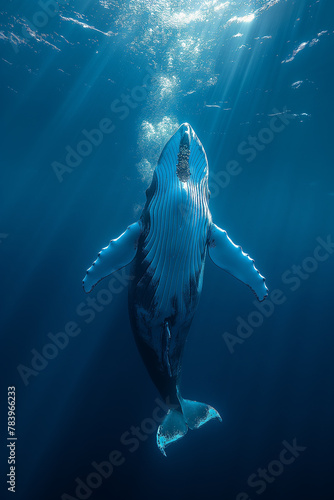 An underwater drone capturing footage of a massive blue whale migration. Electric blue humpback whale swims underwater with mouth open in ocean © ivlianna