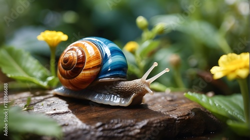 A snail moves slowly and deliberately across the garden path one calm summer day. Its shell, a tiny work of art, The vivid colors 