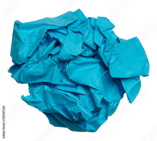 Blue crumpled ball of paper on a white isolated background