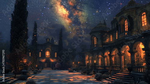 A digital rendition of a grand medieval palace courtyard, adorned with intricate antique pillars under a starlit sky-1 photo