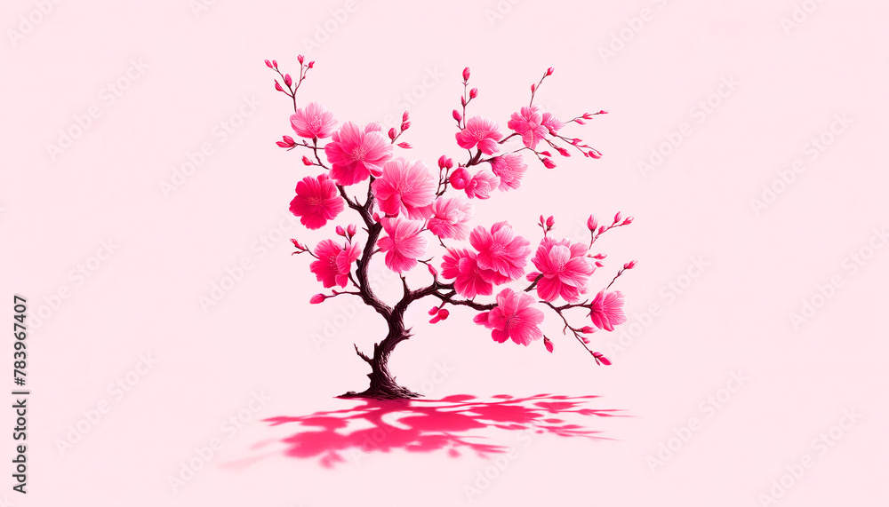 Vibrant pink cherry blossom tree illustration on a soft pink background, perfect for spring and floral themes in design and decor.