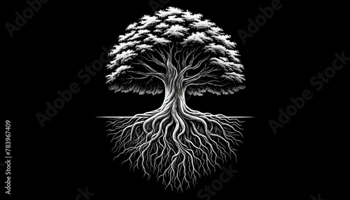 Black and white illustration of a symmetric tree with detailed branches and roots, depicting balance and growth, ideal for wellness and environmental themes.