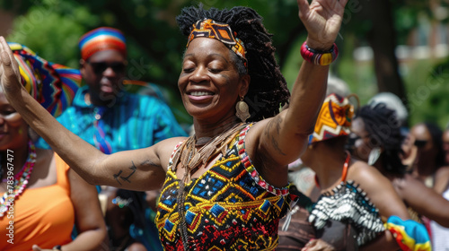 celebration of Emancipation Day in the USA  Freedom day  Juneteenth  portrait of a dancing African-American woman in national costume  street  folk festivals