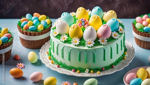An eye-catching Easter cake decorated with colorful egg-shaped candies on top, presented on a white lace doily amidst mini cupcakes and scattered eggs.. AI Generation
